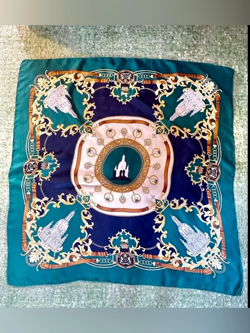 Silk Foulard Vintage Scarf w/Classic Baroque Equestrian Imagery. Very Rare.